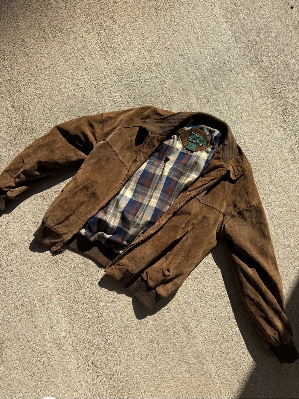 Vintage Men's Brown Suede Bomber Jacket with Plaid Lining